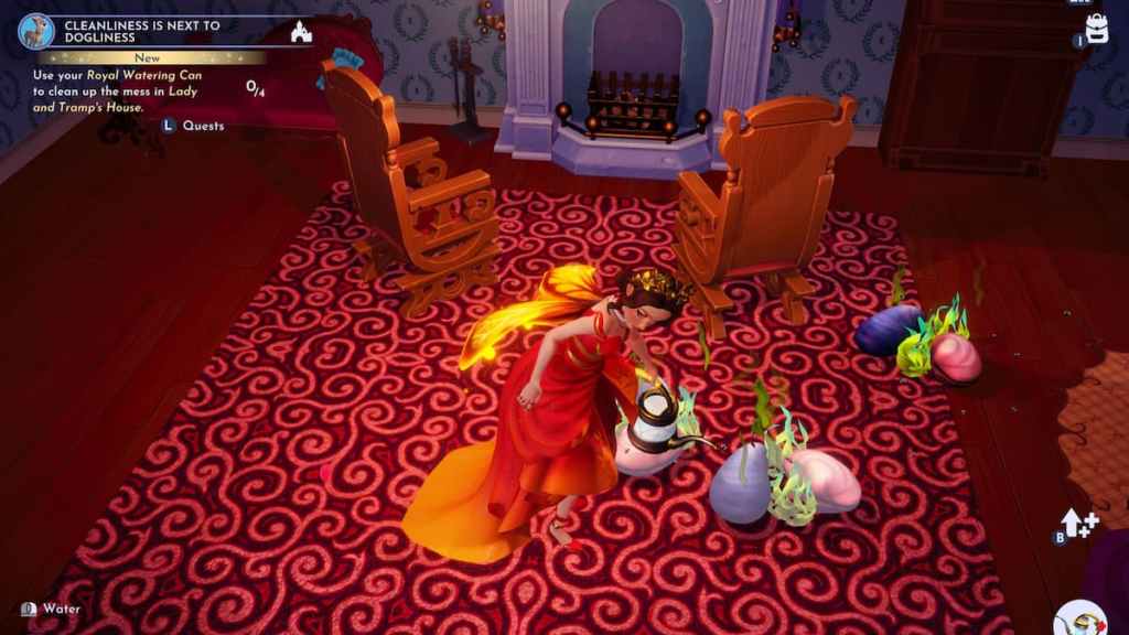 using watering can to clean up mess in disney dreamlight valley