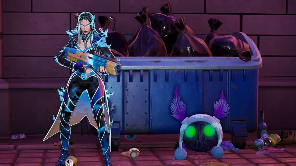 Emma frost standing in front of a dumpster in fortnite