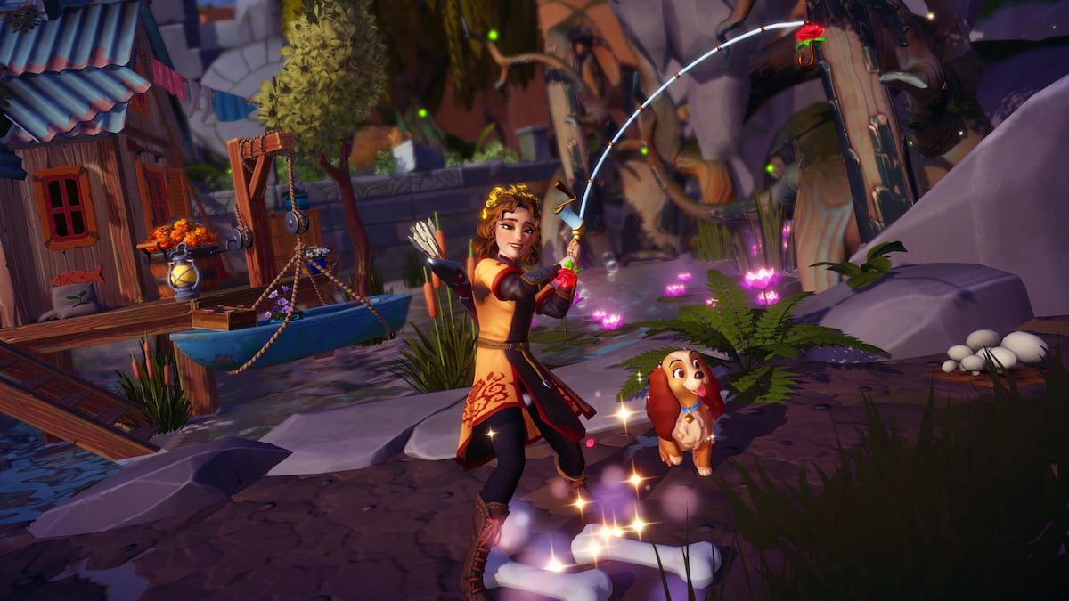 Player holding fishing rod and fishing next to tramp bones in disney dreamlight valley