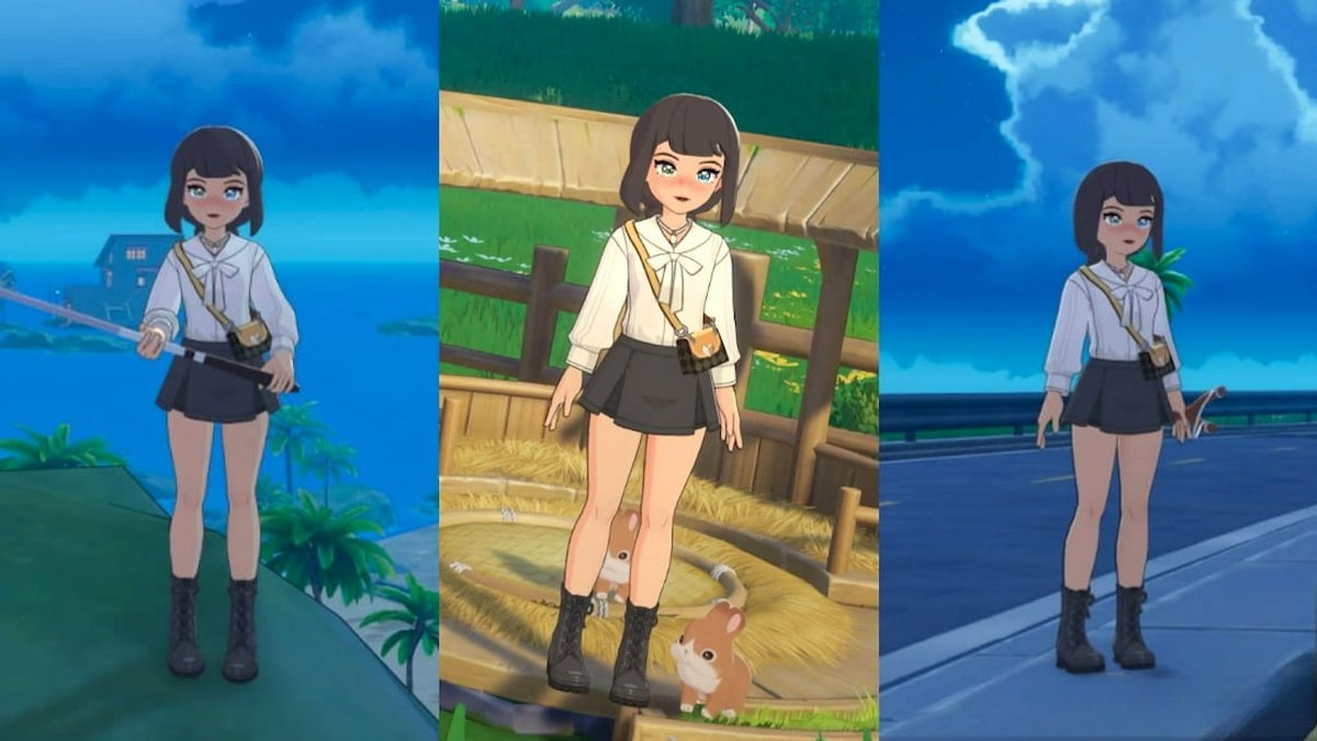 A character holding a fishing rod, standing by rabbits, and holding a slingshot in starsand island
