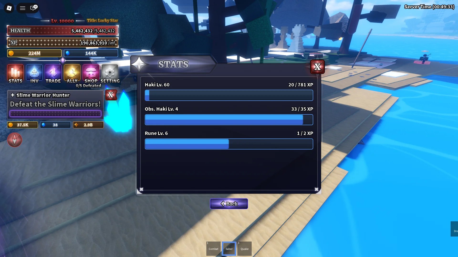 A player checking their Observation, Armament, and Conqueror Haki levels in the Stats menu in Sailor Piece Roblox experience.