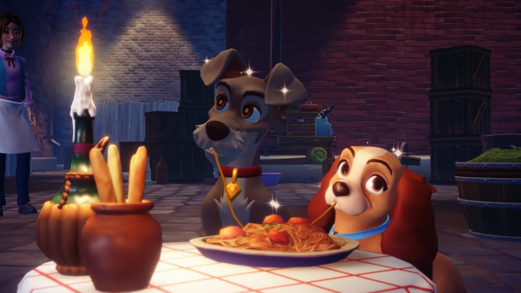 Lady and Tramp sharing spaghetti in disney dreamlight valley