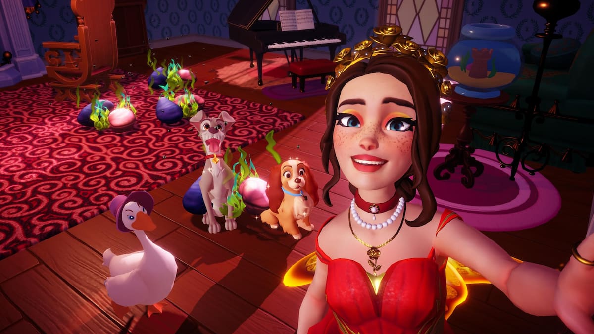 Player taking picture with Lady and Tramp next to mess in their house in disney dreamlight valley