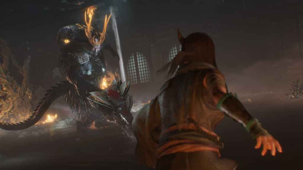 A demonic boss fighting a Ninja in Nioh 3. 