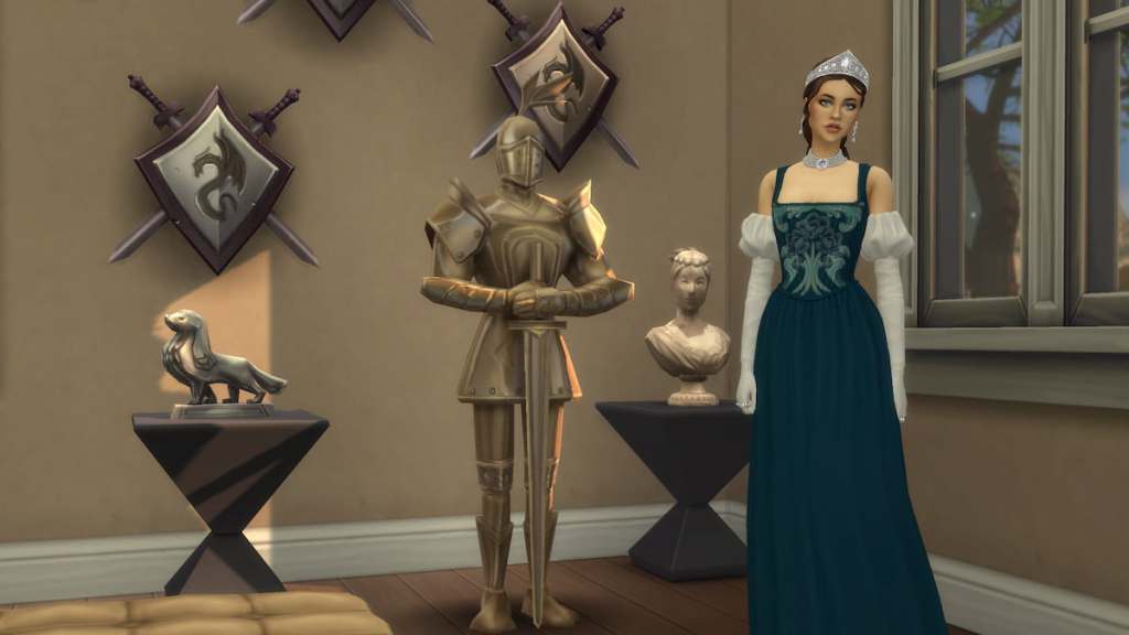 Sim standing inside museum by statues and wall art in the sims 4