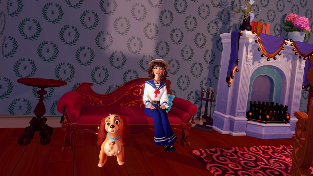 Sitting on a red couch next to lady in disney dreamlight valley