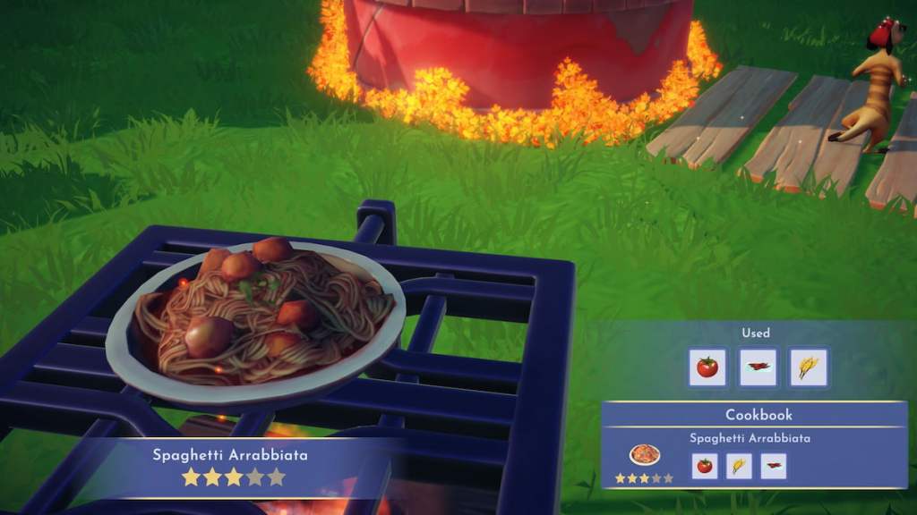 Spaghetti Arrabbiata cooked in disney dreamlight valley