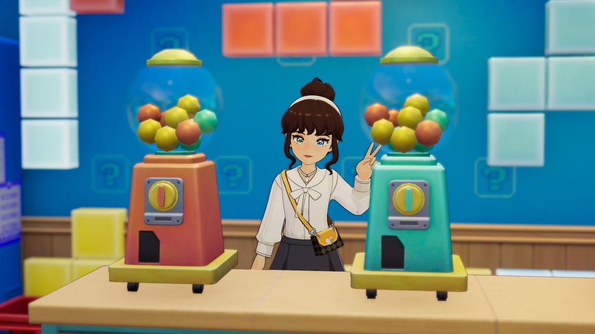 Holding up a peace sign while standing between two gachapon in starsand island