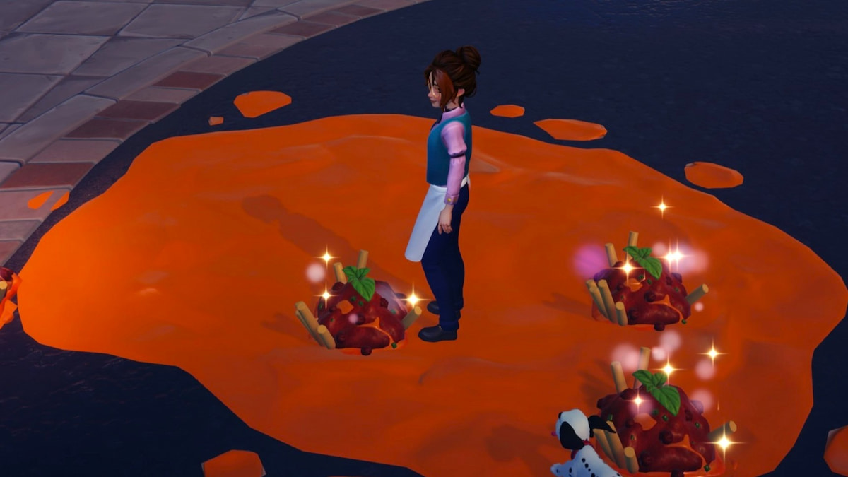 Player standing in sauce puddle by saucery extract in disney dreamlight valley