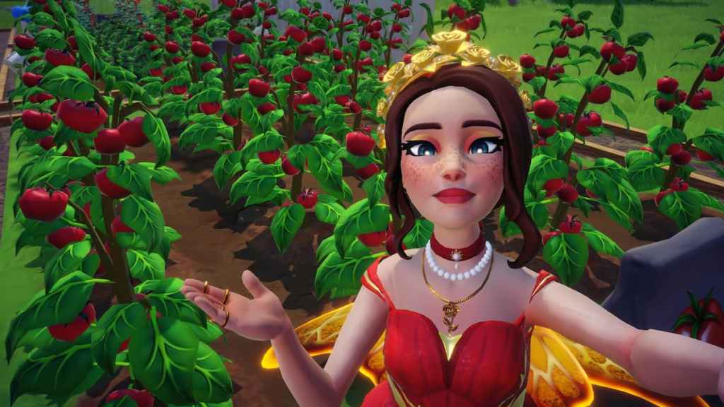 Player taking a picture with a tomato field in disney dreamlight valley
