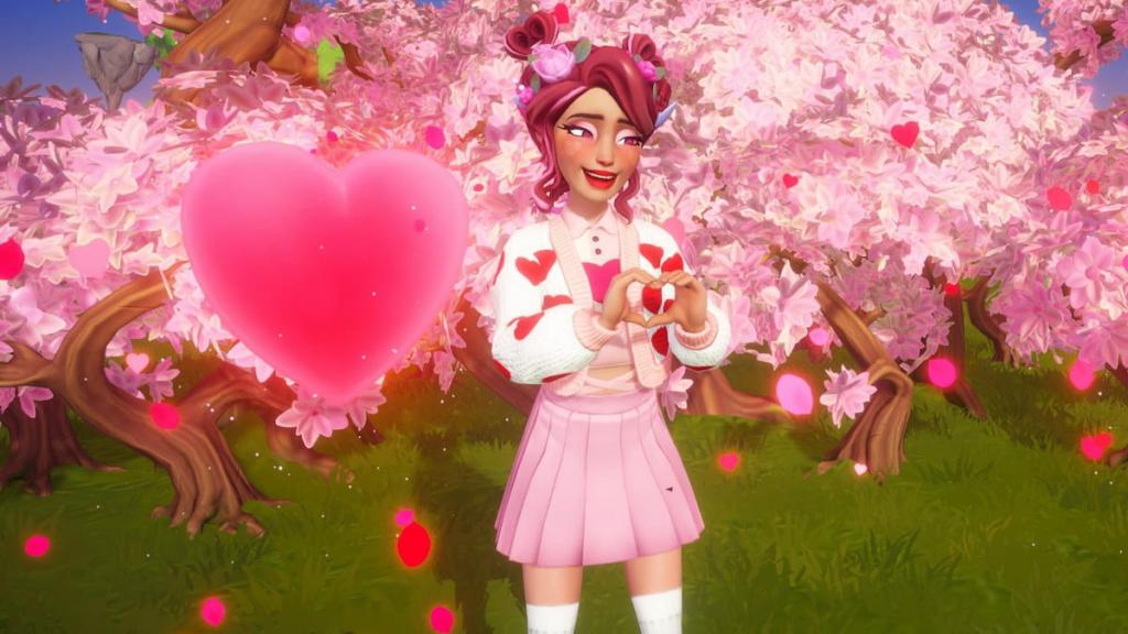 Character in heart cardigan holding hands up in heart in front of pink trees in disney dreamlight valley