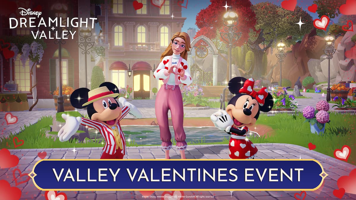 Player holding up hands in heart next to mickey and minnie in disney dreamlight valley