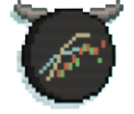 A black coin with bull horns and stock charts inside