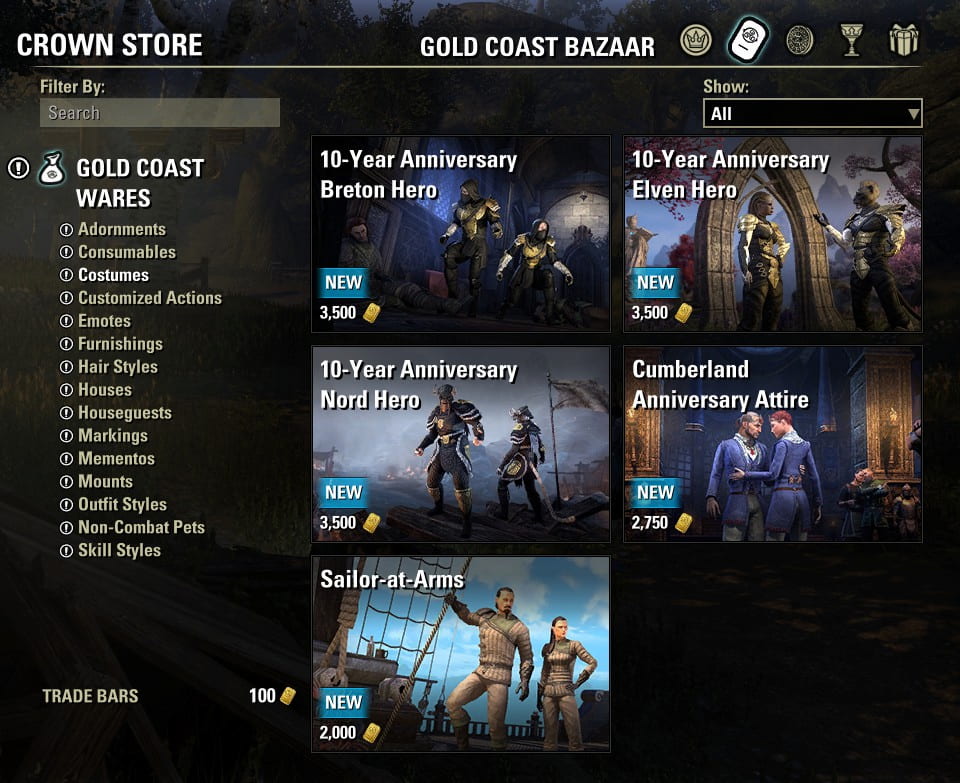 The Gold Coast Bazaar menu from ESO's Crown Store.