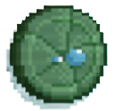 A green leafy coin with a water droplet in the middle