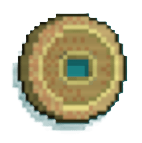A brown coin with a circular carving in the middle