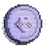A purplish silver coin with a raccoon head in the middle