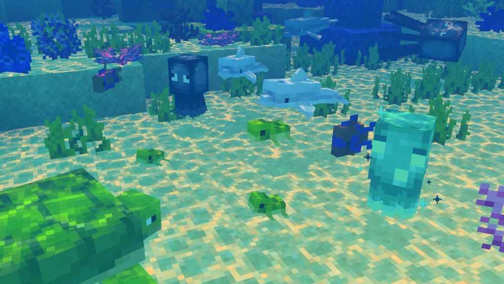 Baby turtles, squid, and dolphins in minecraft