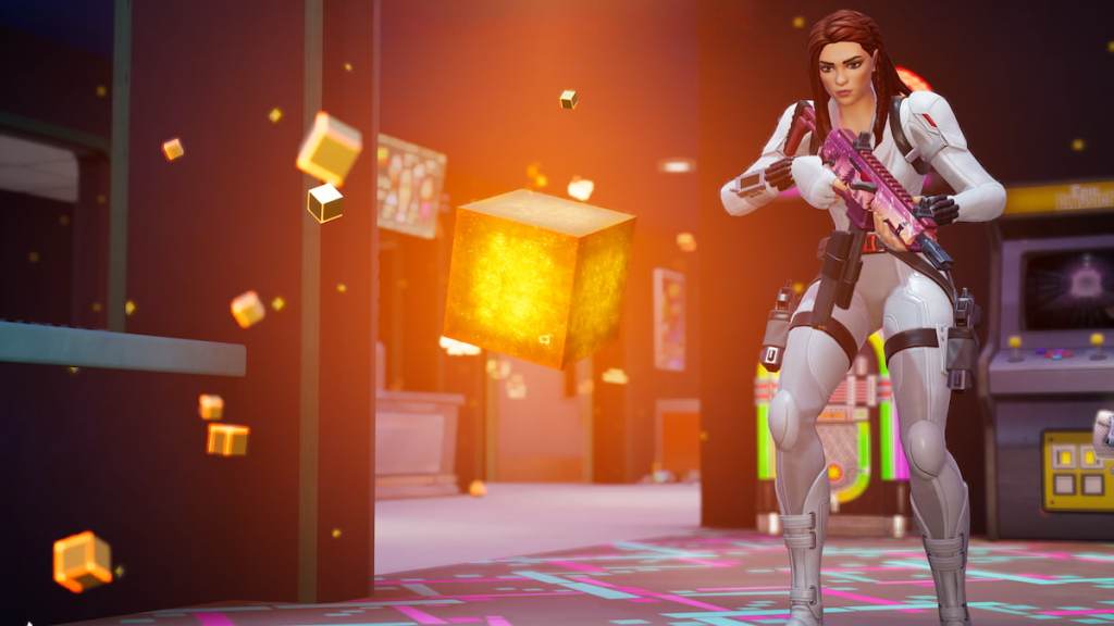 Black widow kneeling slightly by chaos cube in fortnite