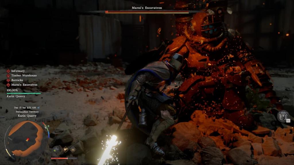 The Excavatron being attacked by a Finisher in Crimson Desert. 