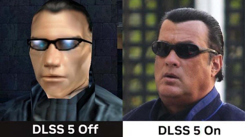 A meme poking fun at a possible DLSS 5 version of Deus Ex where JC Denton looks like Steven Seagal.