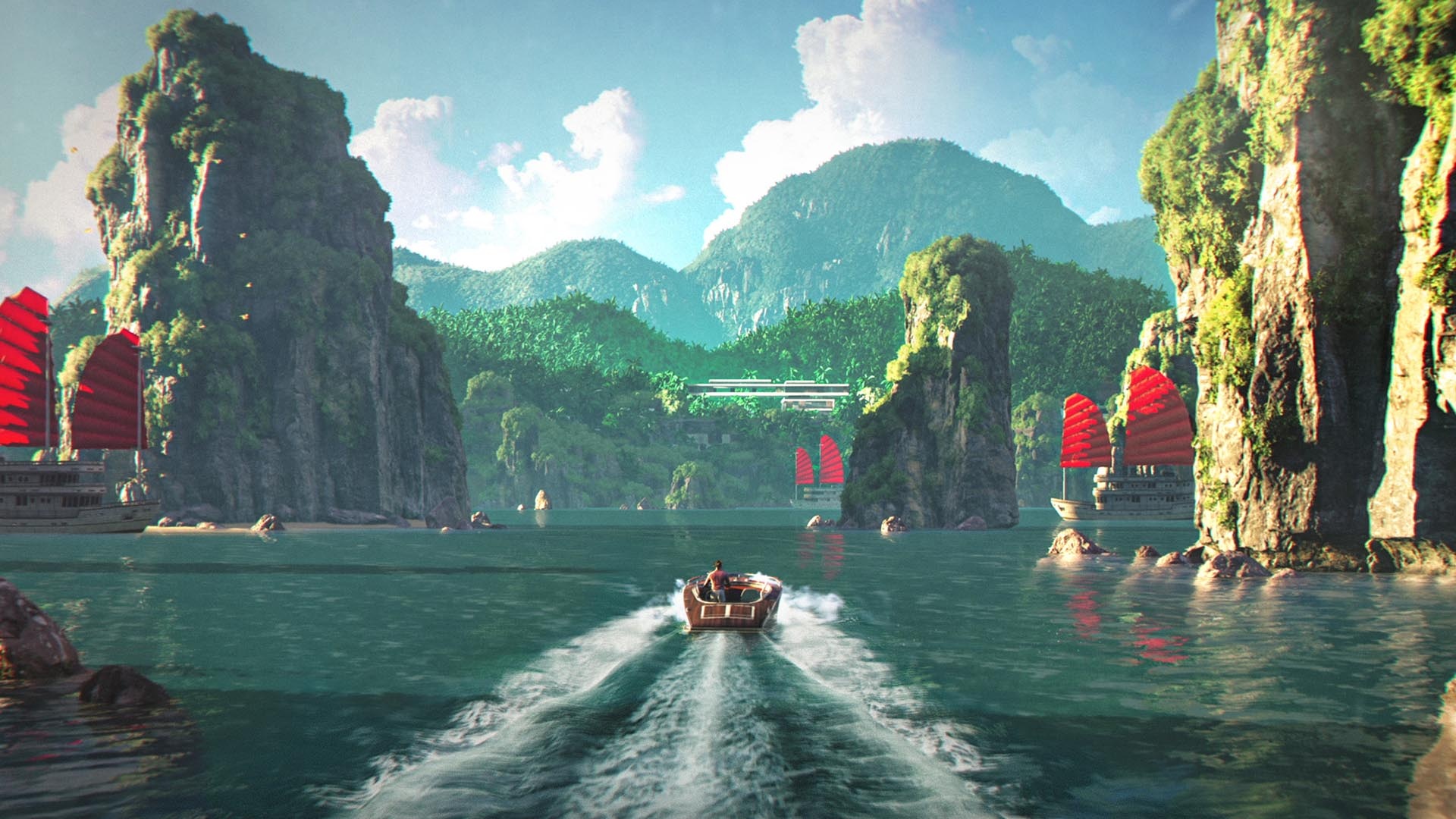 Riding a boat on a lake in 007 First Light