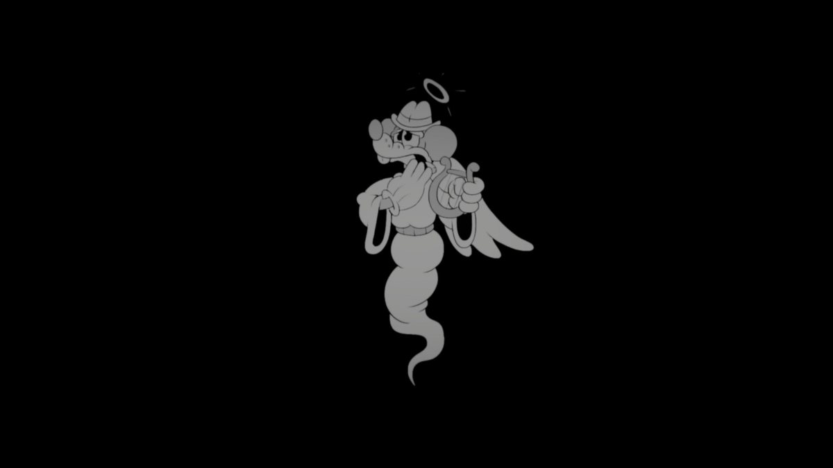 Ghost Jack dressed as angel with halo above head and playing harp as he floats upwards in game over screen