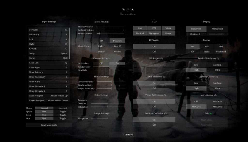 Road to Vostok graphics settings