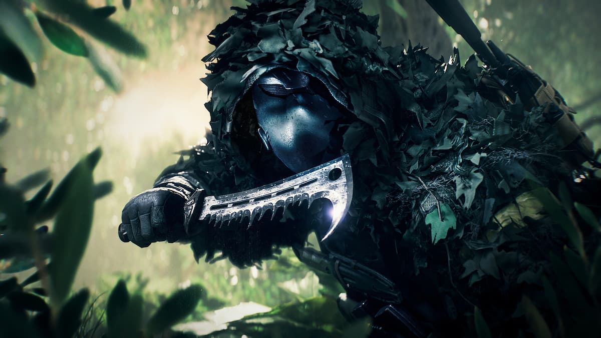 A soldier in stealth ghillie gear in Battlefield 6.