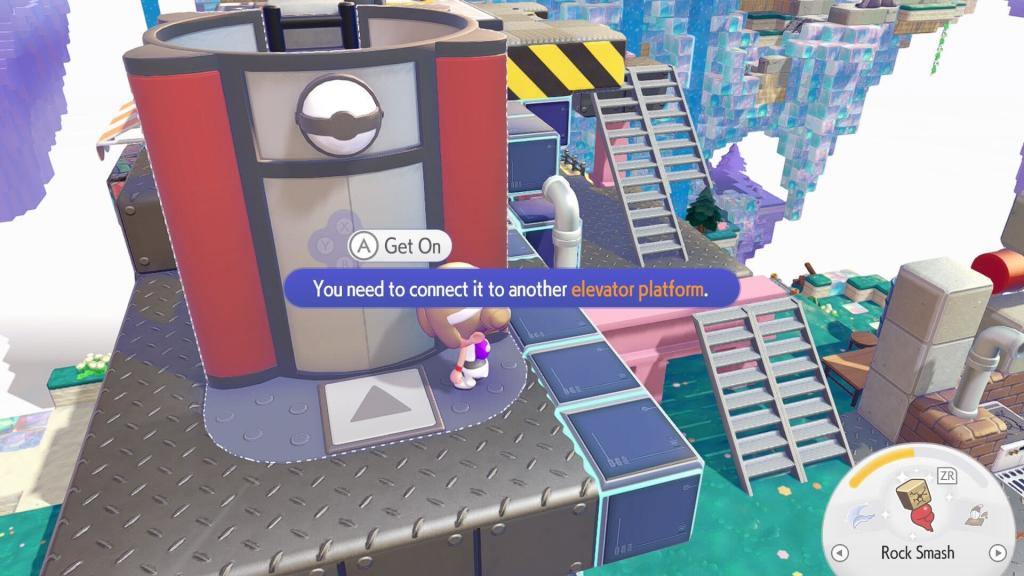 A blue pop-up in Pokopia reads: "You need to connect it to another elevator platform” as Ditto tries to get on an elevator.