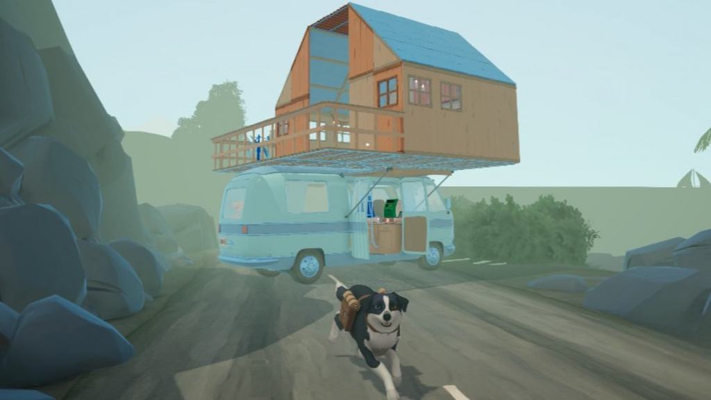 A house on top of a van in the road in outbound