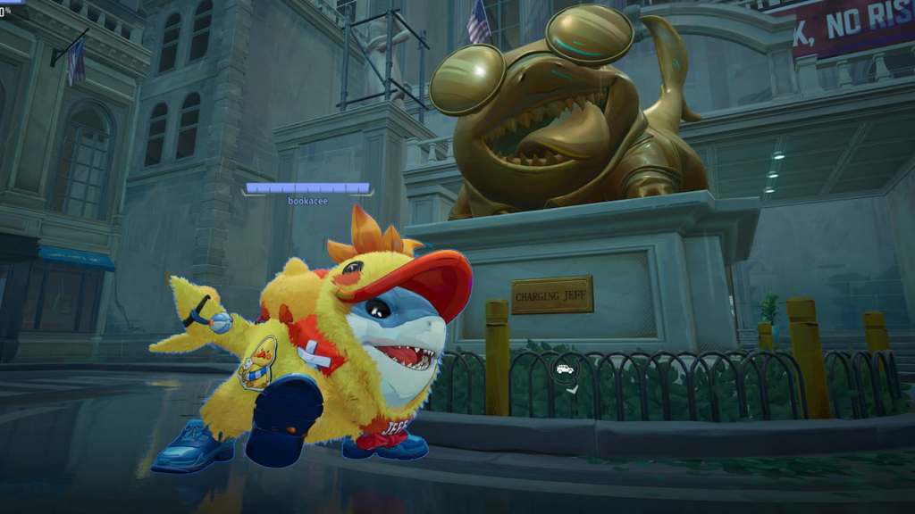 Jeff walking with shoes by statue in marvel rivals