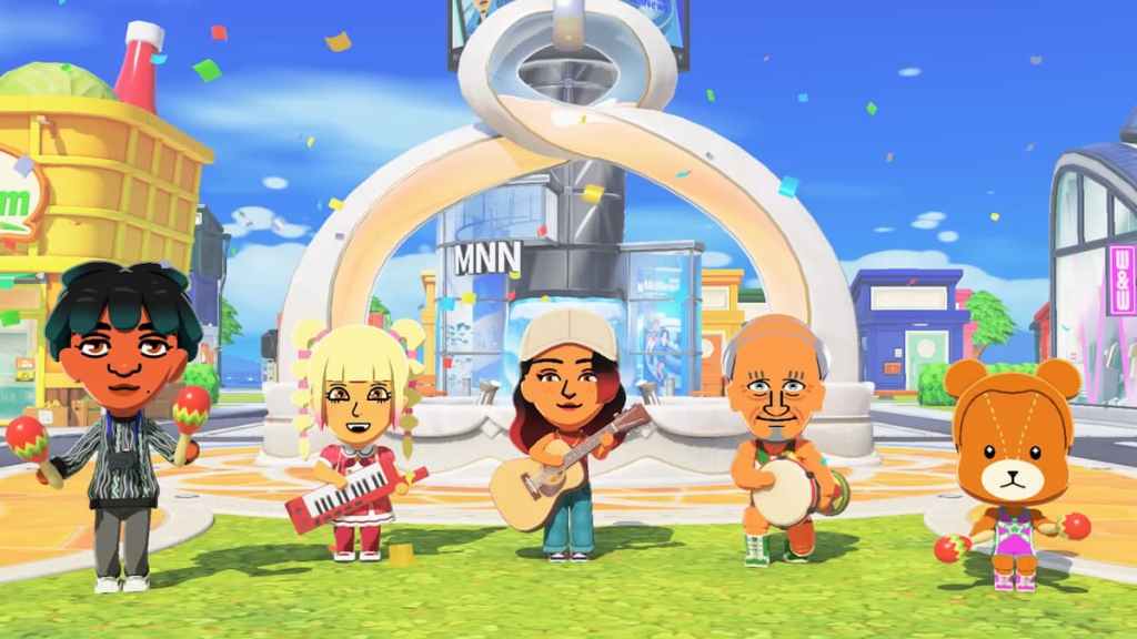 Miis performing music outsde in front of buildings in tomodachi life living the dream