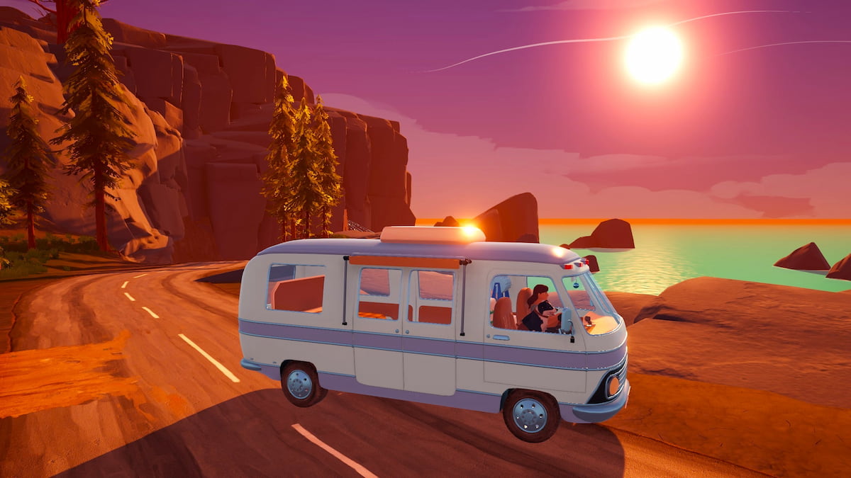 A van on the road by the beach at sunset in outbound