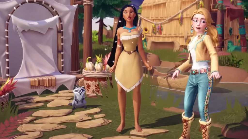 Player standing with pocahontas in disney dreamlight valley
