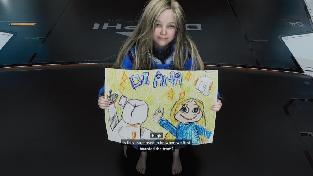 Diana bringing Hugh a drawing in Pragmata. 