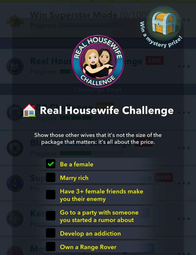 Real housewife challenge goals in BitLife