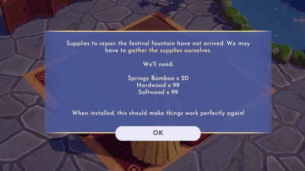 All fountain repair supplies listed in disney dreamlight valley
