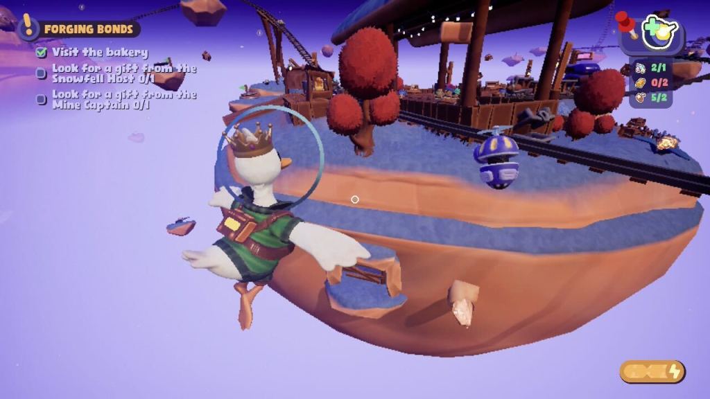 Doug the duck floats in space with an astronaut outfit and looks at a blue island with a train station on it and red-leaved trees.