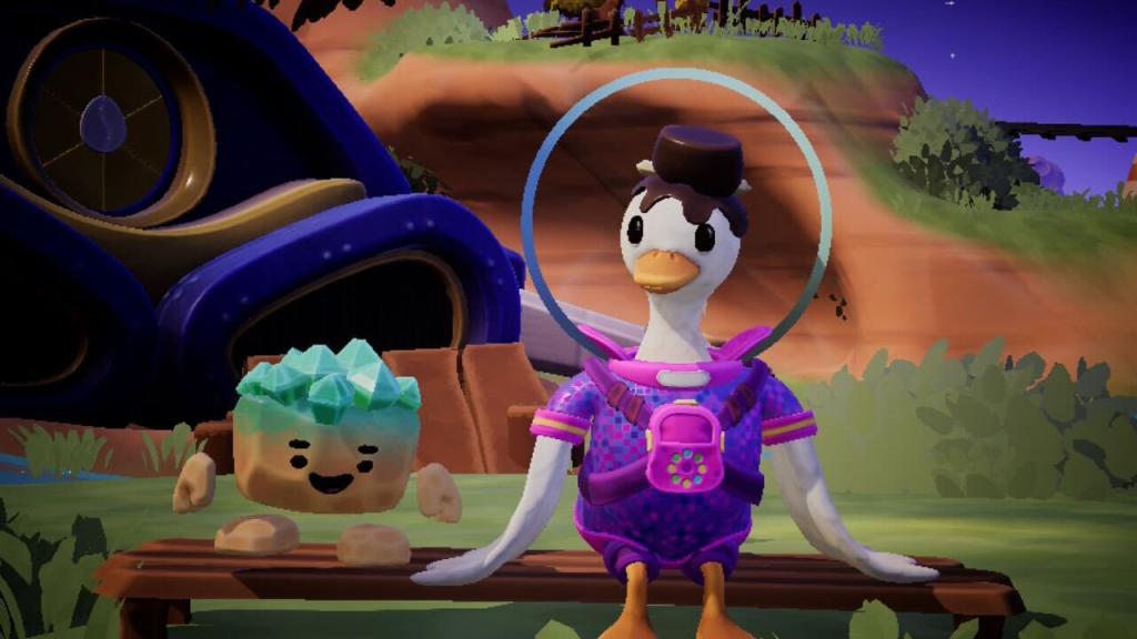 Doug the duck sits with a smiling rock creature, one of the Geodes from Duck Side of the Moon.