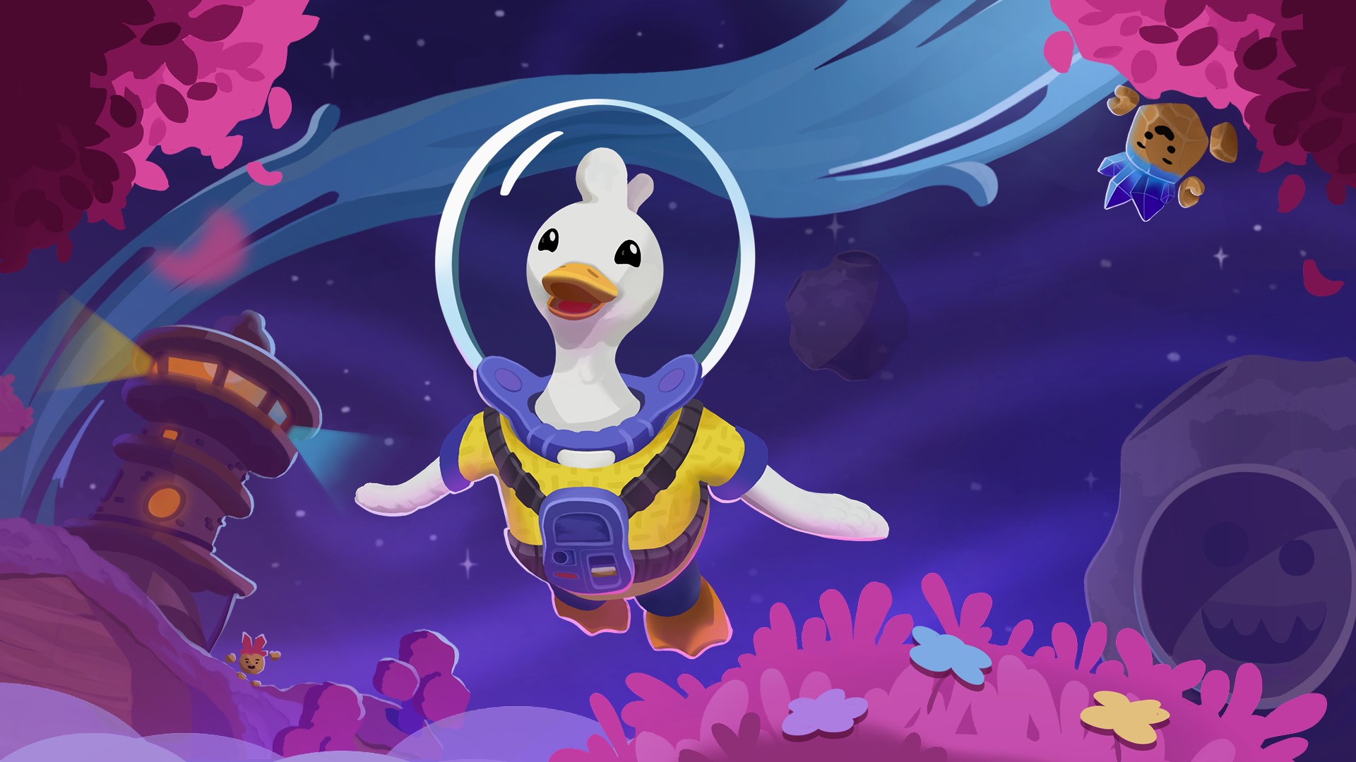 Promotional art for Duck Side of the Moon, with a smiling white duck wearing an astronaut costume.