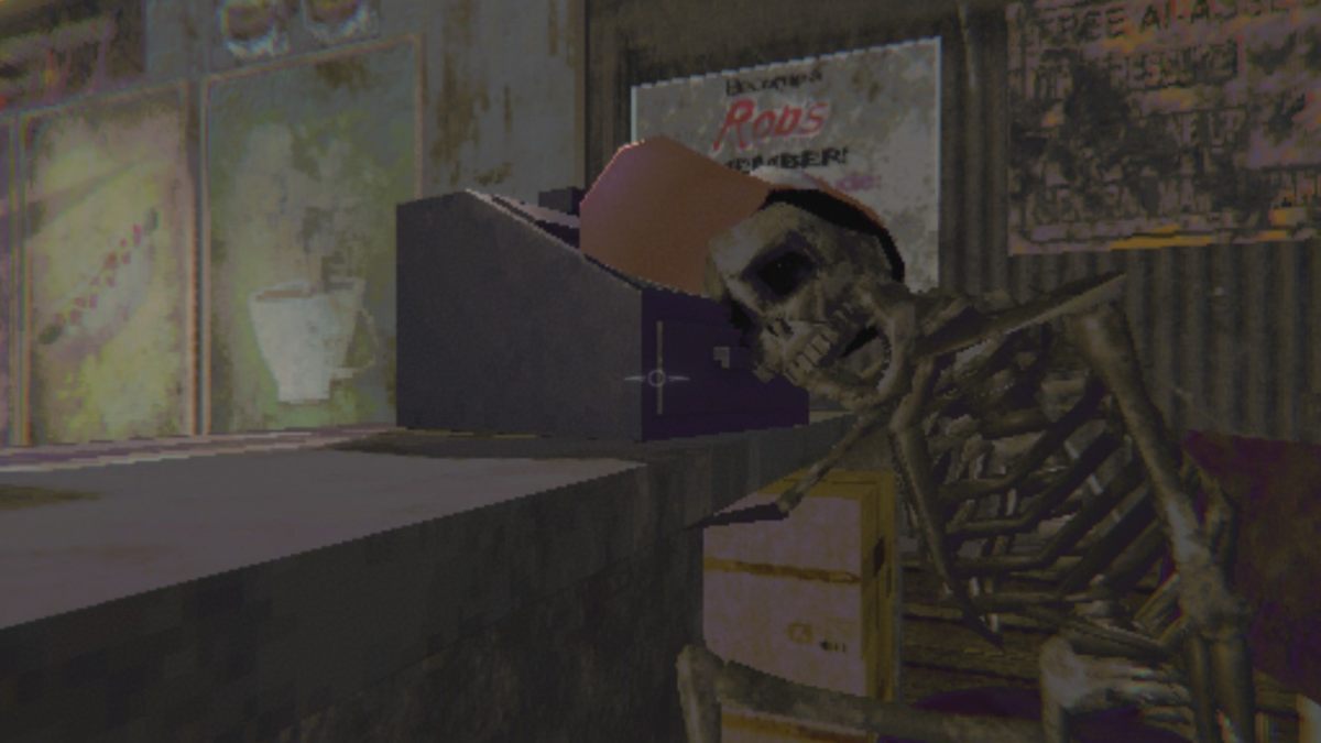 Skeleton employee slouched over till register with Roy's cap on