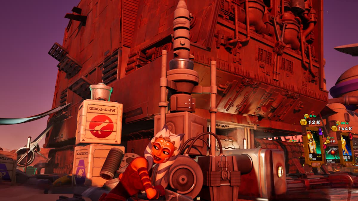 Ahsoka riding a bike by the sandcrawler in fortnite droid tycoon