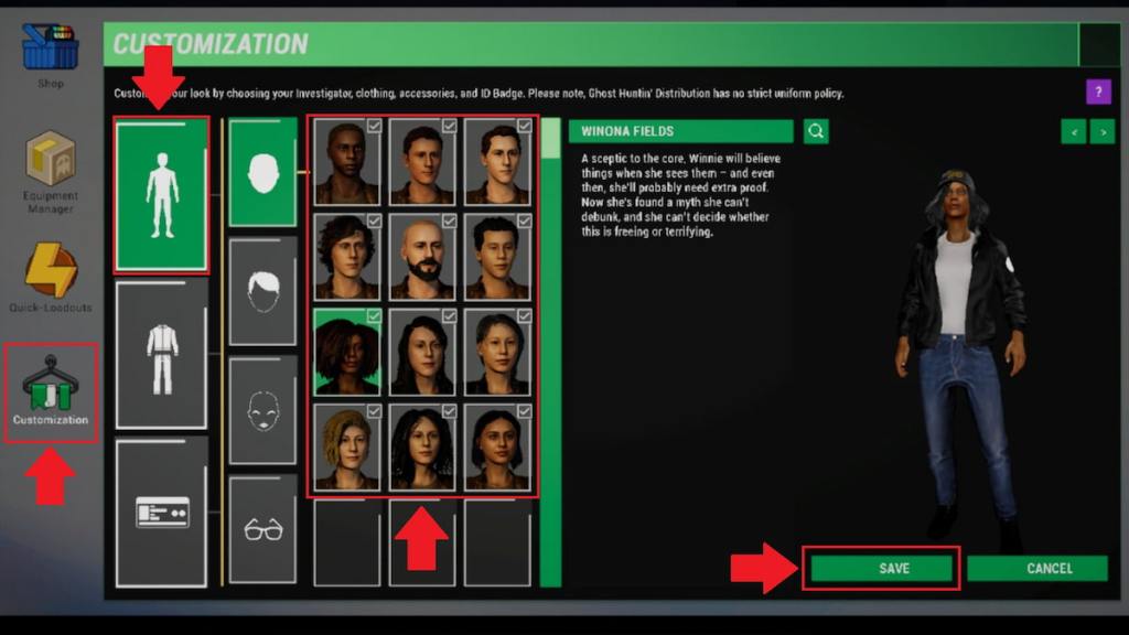 All buttons to change character marked in phasmophobia