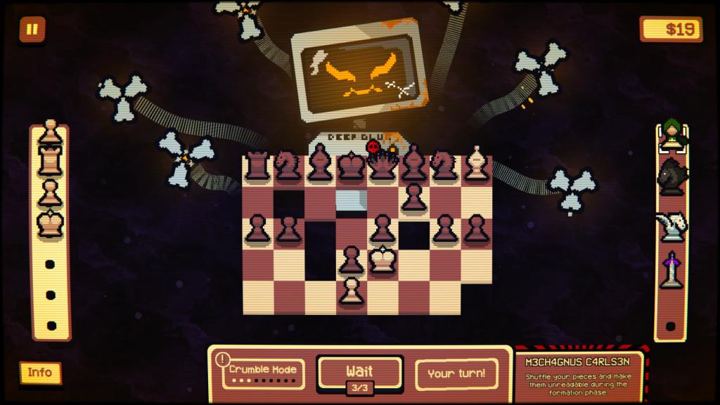 A boss fight in gambonanta featuring mecha magnus carlsen as the opponent.