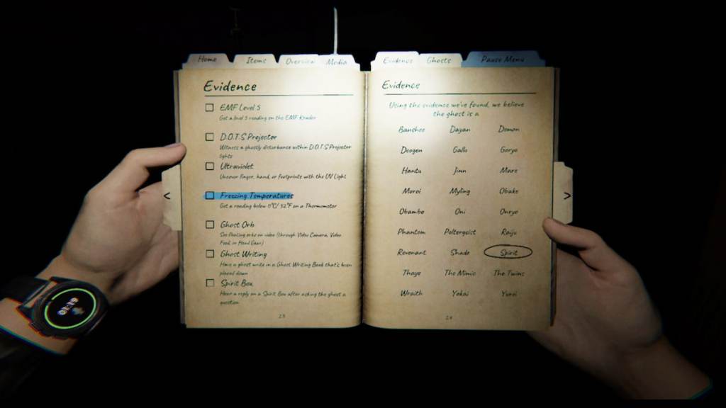 Holding journal with watch on in phasmophobia