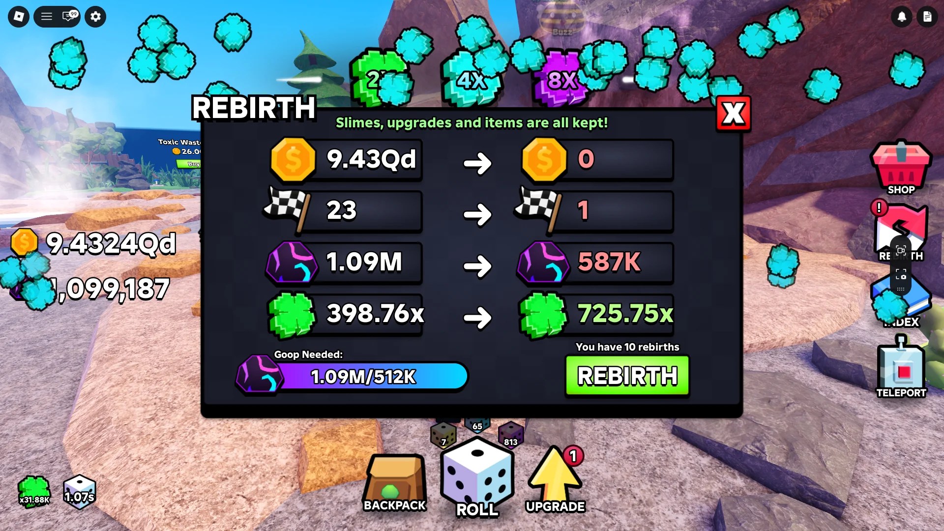 How to rebirth in Slime RNG Roblox experience using Goop.