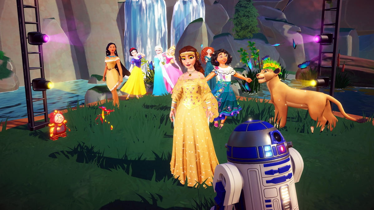 Player standing with a large group of villagers in front of a waterfall in disney dreamlight valley