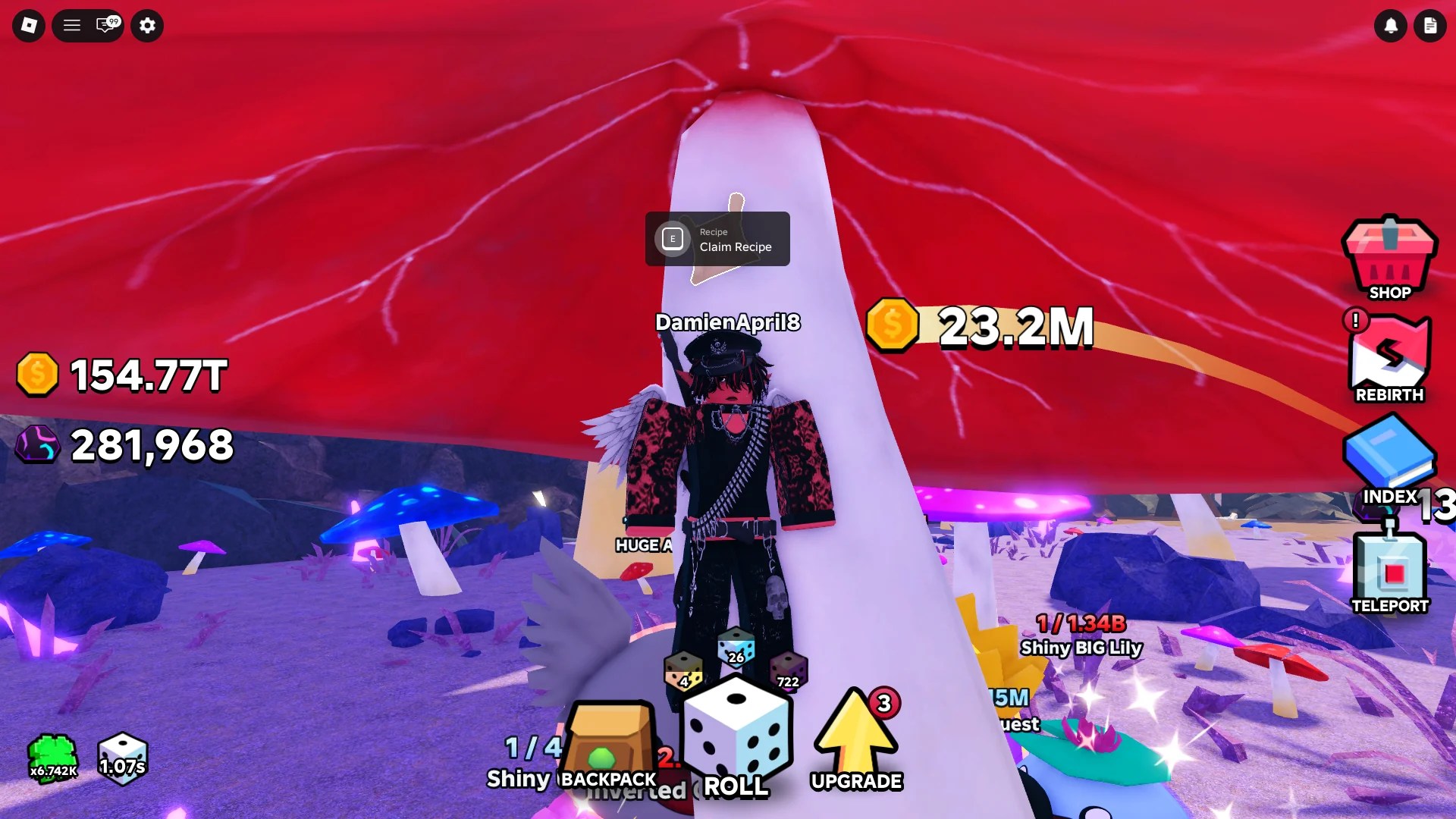 Location of the crafting recipe in the Mushroom Forest zone of Slime RNG Roblox experience.