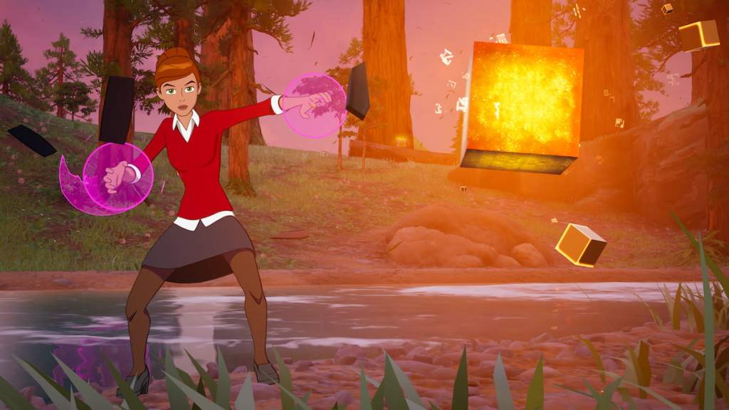 Gwen standing by orange chaos cube in forest in fortnite